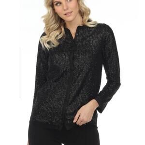 Johnny Was Grace Sequin Button Up Blouse Top Sz S Silk Lined Long Sleeves Black